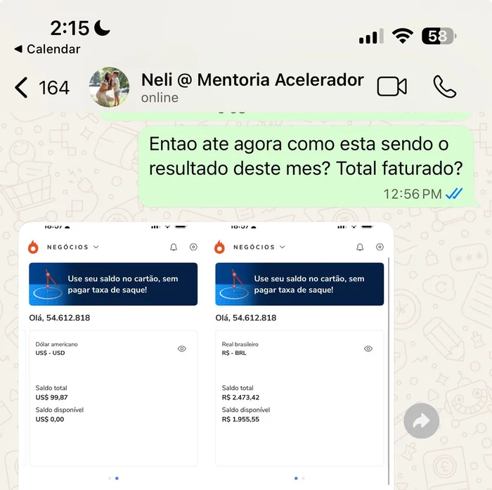 Conversa de WhatsApp com Neli, aluna do Programa Acelerador Individual